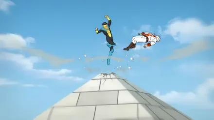 8K Ultra HD wallpaper featuring Mark Grayson from the TV show Invincible in mid-air above a pyramid under a clear blue sky.