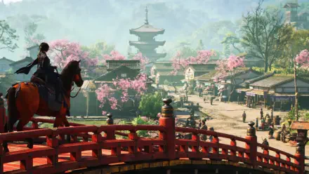 4K Ultra HD Assassin's Creed Shadows wallpaper depicting a rider on horseback crossing a red bridge towards a traditional Japanese village with cherry blossoms.