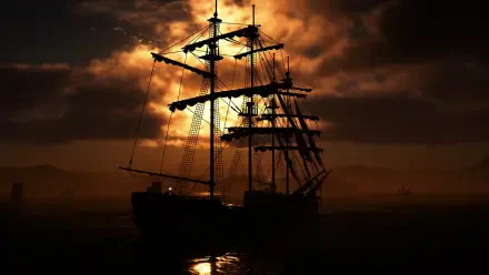 4K Ultra HD PC wallpaper featuring a silhouette of a sailing ship against a fiery sunset, inspired by Assassin's Creed Shadows with dramatic shadow and light contrasts.