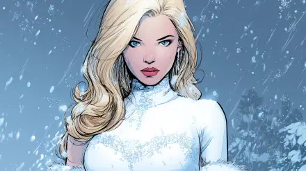 HD comic wallpaper featuring Emma Frost with flowing blonde hair and a white outfit against a snowy blue background.