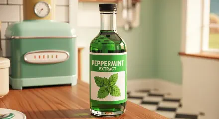 4K Ultra HD desktop wallpaper featuring a clear glass bottle of peppermint extract on a wooden kitchen counter with a retro appliance and soft green tones in the background.