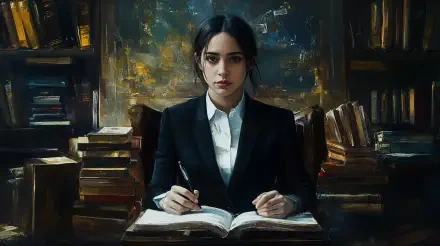 Professional woman secretary in a dark suit writing in an open book, surrounded by stacks of books in a dimly lit study, captured in 4K Ultra HD desktop wallpaper quality.