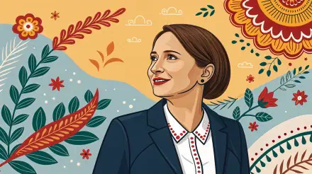 Illustration of a confident businesswoman in a suit against a vibrant, decorative background, designed as a 4K Ultra HD PC desktop wallpaper.