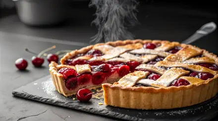 4K Ultra HD desktop wallpaper featuring a freshly baked cherry pie with steam rising, showcasing vibrant cherries and a golden lattice crust on a dark slate surface.