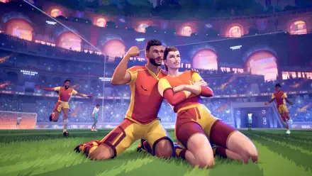 HD PC desktop wallpaper featuring vibrant video game characters in a stadium, celebrating a victorious rematch with dynamic lighting and energetic poses.