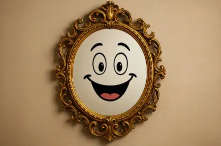 4K Ultra HD desktop wallpaper featuring an ornate gold-framed mirror reflecting a cheerful, cartoonish smiling face on a beige wall background.