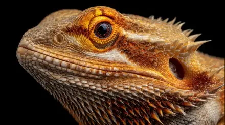 Close-up 4K Ultra HD image of a bearded dragon reptile showcasing detailed scales and textures against a black background.