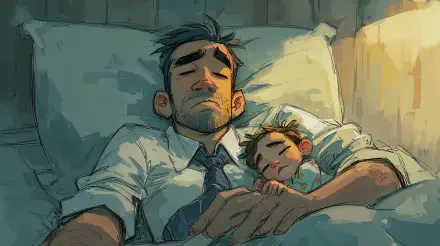 Tired dad in a shirt and tie sleeps peacefully in bed, holding hands with his young child, captured in a 4K Ultra HD digital wallpaper.