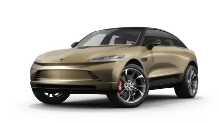 HD desktop wallpaper showcasing the Mullen FIVE RS electric SUV with a sleek, modern design in a metallic gold finish.