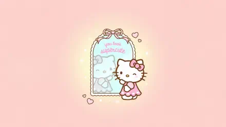 4K Ultra HD anime-style Hello Kitty wallpaper featuring a cute Hello Kitty character beside a sparkling mirror with soft pastel and kawaii elements.