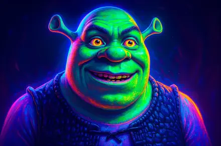 Vibrant 4K Ultra HD desktop wallpaper featuring a colorful, glowing portrait of Shrek, the iconic animated character, with neon lighting effects.
