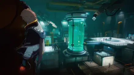 HD PC desktop wallpaper from the video game Etheria: Restart, showcasing a futuristic lab with glowing tanks and a cloaked character observing the scene.