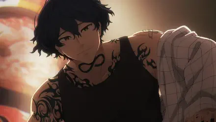 Anime Wind Breaker HD PC desktop wallpaper showing a tattooed young man with tousled black hair, green eyes, black tank top and draped shirt bathed in warm sunset light.