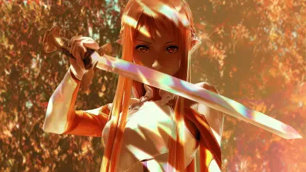 HD anime desktop wallpaper featuring Asuna Yuuki from Sword Art Online, highlighted in warm orange tones with her sword drawn in a forest setting.