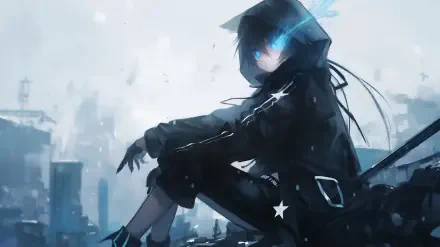 Anime-style Black Rock Shooter character with glowing blue eye, dressed in black, set against a misty, bluish urban background in HD desktop wallpaper quality.
