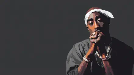 HD PC desktop wallpaper showing a stylized portrait of rapper 2Pac with hands clasped, set against a dark background.