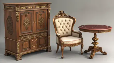 Antique furniture set featuring a carved wooden cabinet, a tufted upholstered armchair, and an ornately detailed round table, showcased in 4K Ultra HD PC Desktop Wallpaper quality.