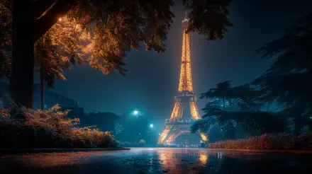 Eiffel Tower illuminated at night, surrounded by trees and reflected on wet pavement in a stunning 4K Ultra HD PC desktop wallpaper background.