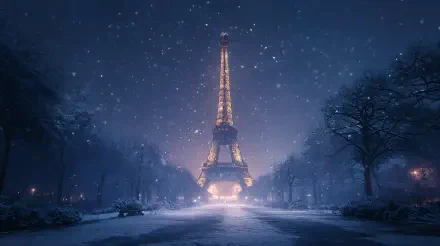4K Ultra HD desktop wallpaper featuring the illuminated Eiffel Tower at night, surrounded by softly falling snow and bare trees under a deep blue sky.