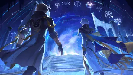 4K Ultra HD wallpaper featuring Phainon from the video game Honkai: Star Rail, standing on illuminated steps beneath glowing mystical symbols in a futuristic setting.