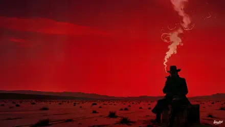 Silhouetted cowboy smoking against a blood-red desert sunset — Red Dead Redemption / Red Dead Redemption 2 8K Ultra HD PC desktop wallpaper and background.