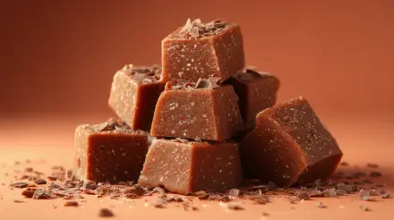 Close-up of rich chocolate fudge squares stacked on a surface with chocolate shavings, presented as a 4K Ultra HD PC desktop wallpaper and background.