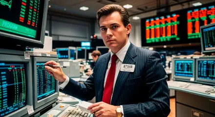 4K Ultra HD desktop wallpaper of a focused stock trader in a suit analyzing market data on multiple screens in a bustling trading floor environment.