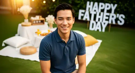 A smiling man outdoors with a bright Happy Father's Day sign in the background, presented as a 4K Ultra HD PC desktop wallpaper and background.