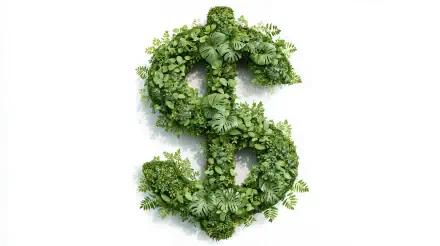 4K Ultra HD PC desktop wallpaper featuring a dollar sign crafted entirely from vibrant green leaves and foliage on a white background.