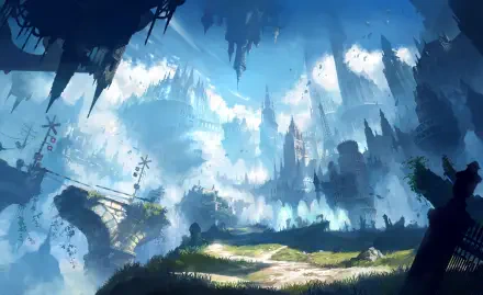 HD desktop wallpaper of a fantasy world from the video game Shadowverse: Worlds Beyond, featuring towering castles and floating islands under a bright, cloudy sky.