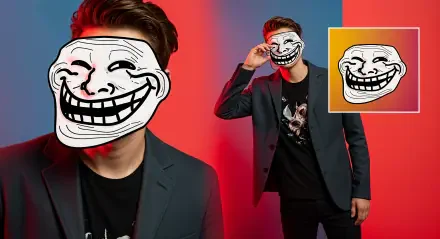 A 4K Ultra HD PC wallpaper featuring a person wearing a troll face mask against a vibrant red and blue gradient background.
