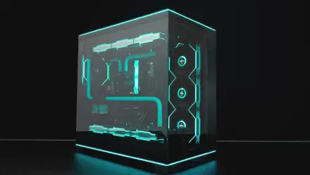 A sleek Republic of Gamers PC tower with RGB lighting, showcasing advanced computer hardware in a high-tech, futuristic design.