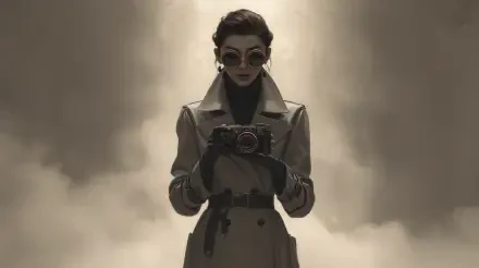 A woman spy in a trench coat and sunglasses holds a camera, set against a moody backdrop, captured in a 4K Ultra HD PC desktop wallpaper.