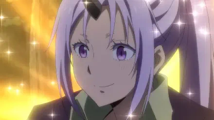 HD anime desktop wallpaper featuring Shion from That Time I Got Reincarnated as a Slime, showcasing her purple hair and violet eyes with a sparkling golden background.