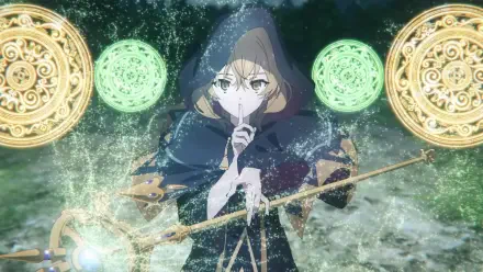 HD anime wallpaper featuring Monica Everett from Secrets of the Silent Witch, cloaked and casting magic with glowing spell circles in the background.