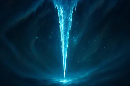 A glowing icicle suspended in a dark, misty scene, rendered in stunning detail for a 4K Ultra HD PC desktop wallpaper.