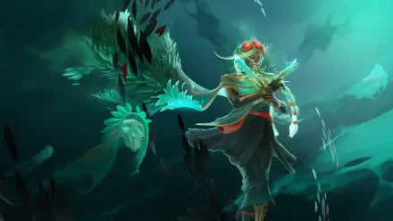 4K Ultra HD wallpaper featuring Muerta from DotA 2, depicted in a mystical underwater scene with glowing elements and dynamic motion.