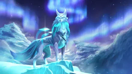 4K Ultra HD DotA 2 wallpaper featuring Crystal Maiden's icy wolf spirit against a glowing northern lights backdrop on a frozen landscape.