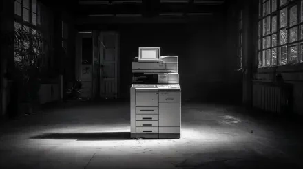 A black and white 4K Ultra HD desktop wallpaper featuring a lone photocopier illuminated in a dim, industrial room with large windows and a somber atmosphere.