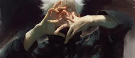 HD PC desktop wallpaper featuring a detailed painting of Satoru Gojo from the anime Jujutsu Kaisen with striking white hair and glowing blue eye.