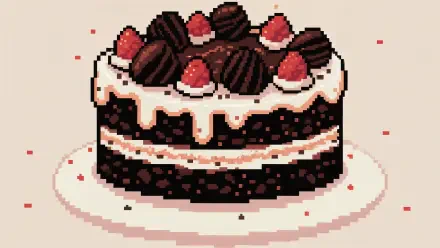 4K Ultra HD pixel art wallpaper of a black forest cake with chocolate layers, cream drips, strawberries, and chocolate decorations on a light background.