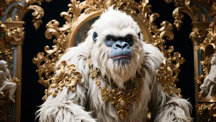 A detailed 4K Ultra HD PC desktop wallpaper featuring a white yeti adorned with ornate gold jewelry, seated on a throne with intricate golden decorations.