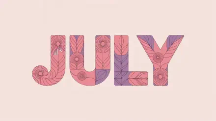 July spelled out with intricate floral patterns in shades of pink and purple, rendered in 4K Ultra HD for a vibrant PC desktop wallpaper.