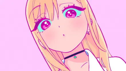 HD anime desktop wallpaper featuring Marin Kitagawa from My Dress-Up Darling with vibrant pink eyes and blonde hair against a soft pink background.