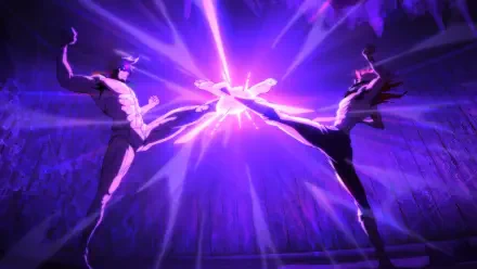 HD anime wallpaper from Dandadan featuring an intense battle scene with Ken Takakura and Jin Enjouji colliding powerful kicks amidst vibrant purple energy.