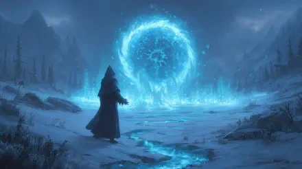 A mage casts a glowing ice spell in a snowy, mystical landscape under a dark, mountainous sky, depicted in stunning 4K Ultra HD fantasy artwork.