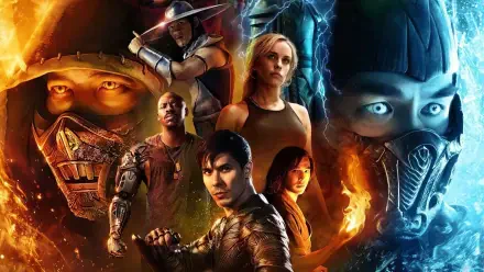 HD PC desktop wallpaper featuring key characters from the movie Mortal Kombat II, showcasing intense fiery and icy elements in a dramatic composition.