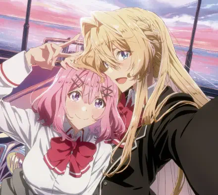 HD anime wallpaper from There's No Freaking Way I'll Be Your Lover! Unless... featuring characters Renako Amaori and Mai Ouzuka posing together against a sunset backdrop.