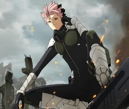 HD PC desktop wallpaper featuring Gen Narumi from the anime Kaiju No. 8 in a dynamic pose with a cloudy, smoky cityscape background.