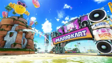 HD PC desktop wallpaper featuring a vibrant Mario Kart world scene with bright skies, colorful signage, and iconic game elements in a lively racing environment.